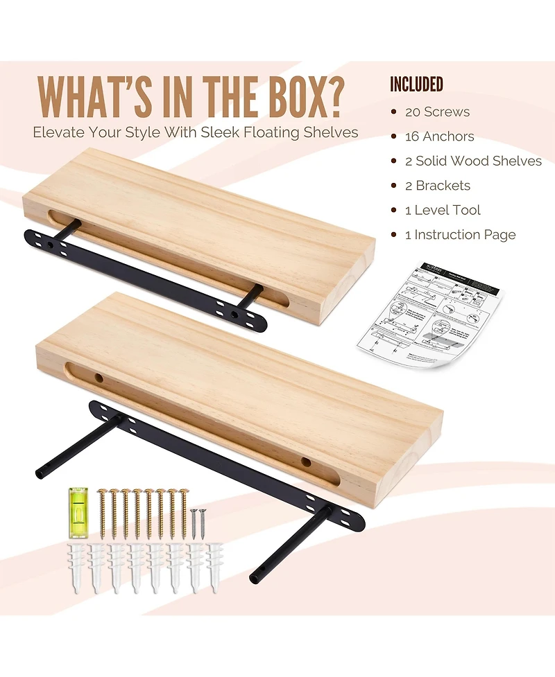 Sorbus 2 Pack 24" Solid Wood Floating Shelves - for Bathroom Decor, Books, Bedroom & Living Room