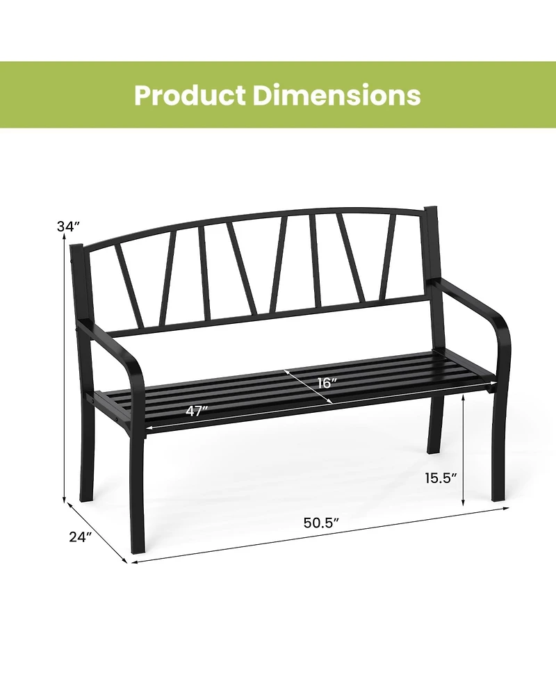 Gymax 50.5'' Patio Metal Bench w/ Curved Armrests & Minimalist Backrest for Backyard