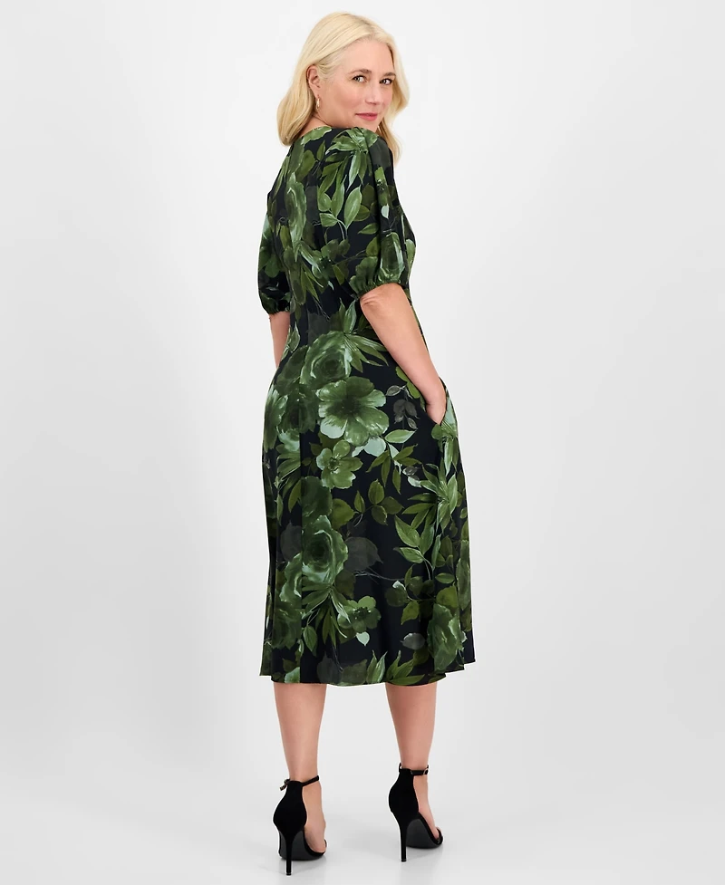 Connected Women's Woven Puff-Sleeve Round-Neck Midi Dress