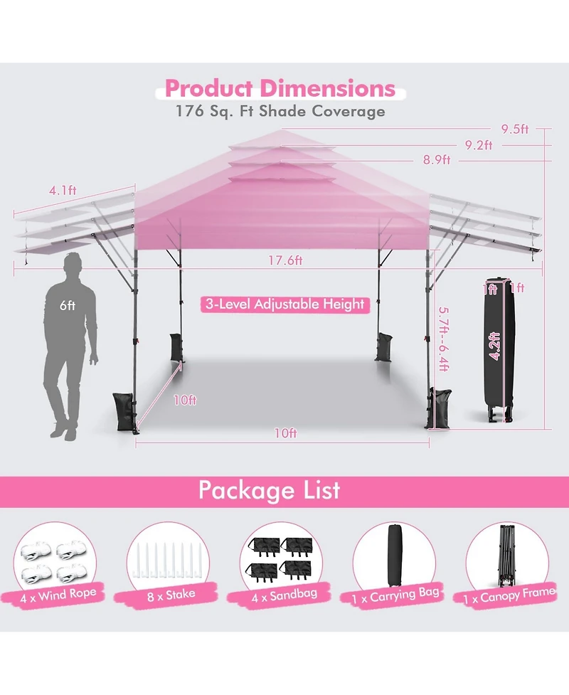10 x 17.6 Feet Outdoor Instant Pop-up Canopy Tent with Dual Half Awnings