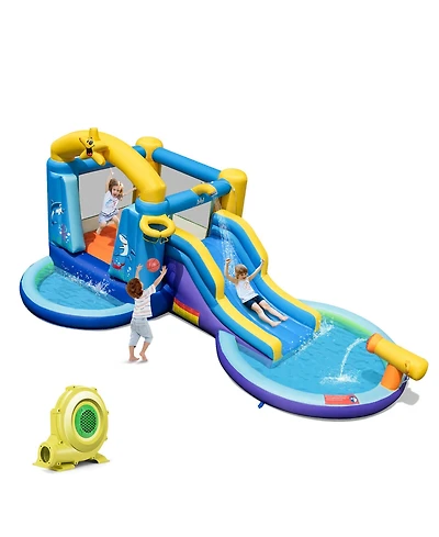 Gymax Kids Inflatable Water Slide Park Bounce Castle w/ 50 Ocean Balls & 735W Blower