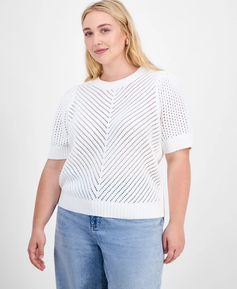 On 34th Trendy Plus Diagonal-Knit Puff-Sleeve Sweater, Exclusively at Macy's
