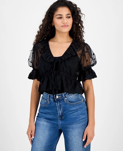 And Now This Women's V-Neck Ruffle-Trim Mesh Top, Exclusively at Macy's
