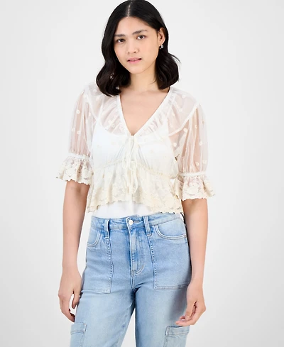 And Now This Women's V-Neck Ruffle-Trim Mesh Top, Exclusively at Macy's
