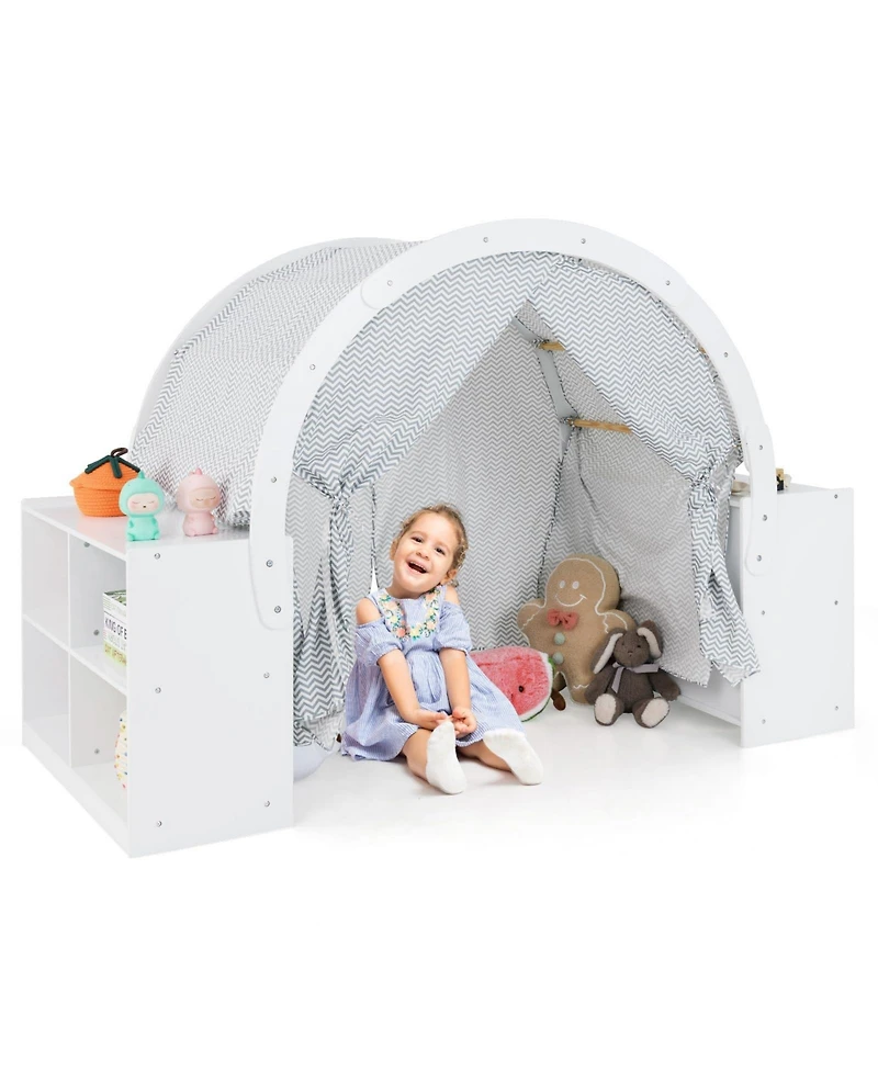 Mecale Wooden Kids Play Tent with Curtain Shades and 8 Cubbies