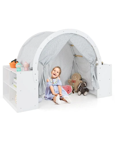 Mecale Wooden Kids Play Tent with Curtain Shades and 8 Cubbies