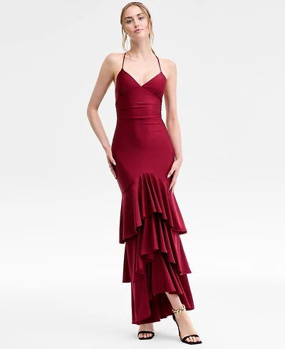 Katia Rae Juniors' V-Neck Ruffled Tie-Back Gown
