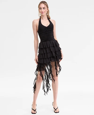 Emerald Sundae Juniors' Asymmetric Ruffled Halter Bodycon Dress