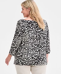 Jm Collection Plus Printed 3/4-Sleeve Top