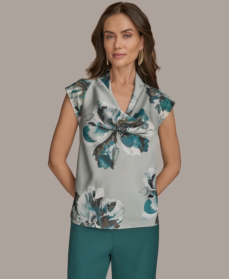 Donna Karan New York Printed Cap-Sleeve Cowlneck Top