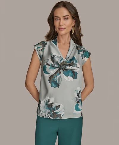 Donna Karan New York Printed Cap-Sleeve Cowlneck Top