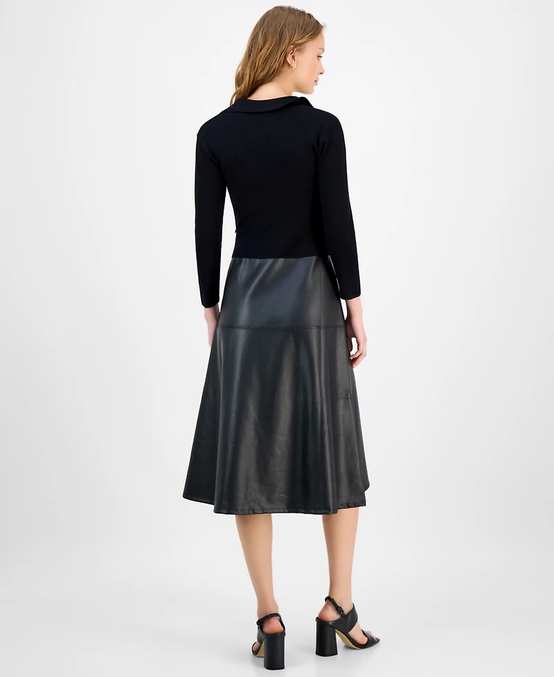 T Tahari Women's Mixed-Media Fit and Flare Dress