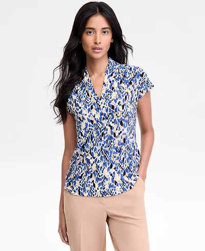 Kasper Women's Pleated V-Neck Cap-Sleeve Blouse, Regular & Petite