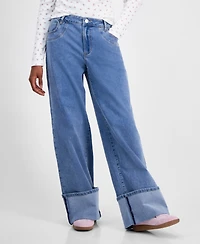 Madden Girl Juniors' High-Rise Cuffed Bow-Embroidery Jeans