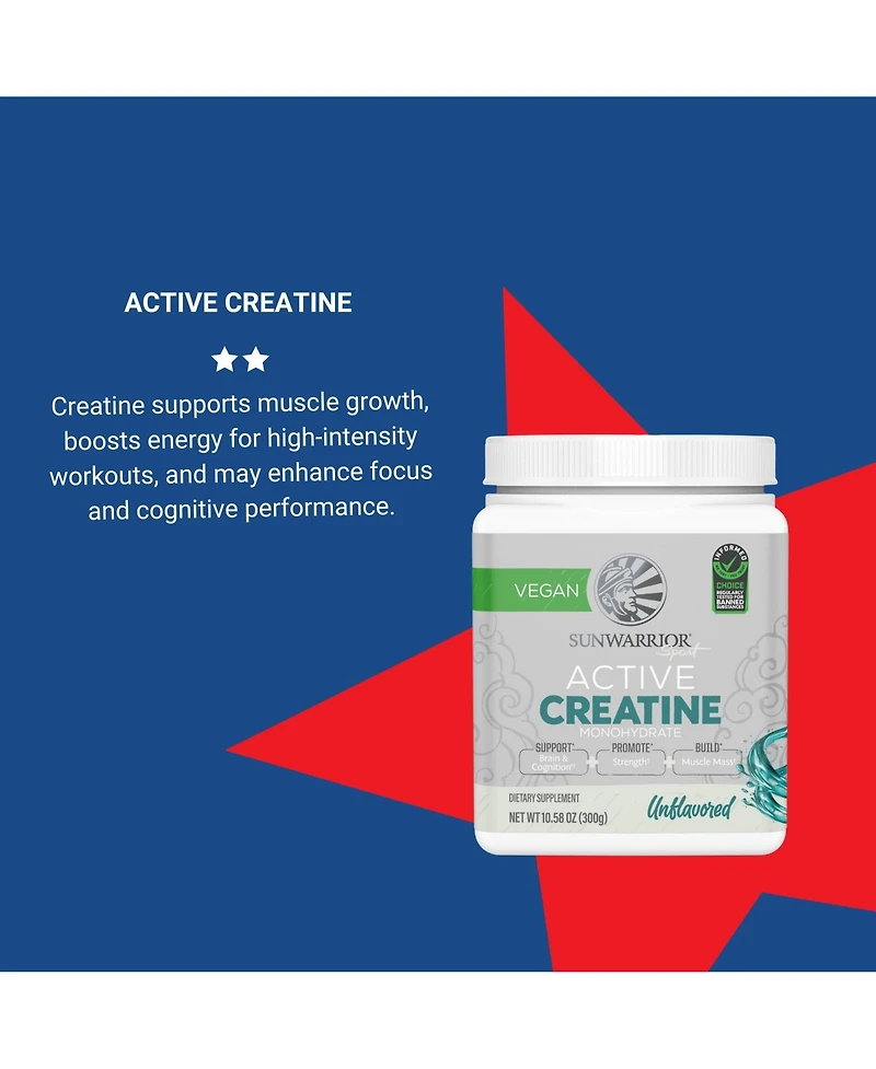 Sunwarrior Active Creatine Monohydrate Powder, Organic Creatine & Keto Friendly, Unflavored, 300gm (60 Servings)