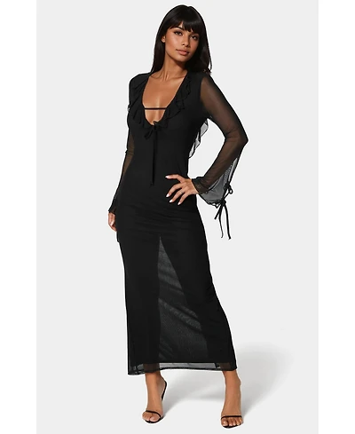 Bebe Women's Long Sleeve Ruffle Neck Maxi Dress