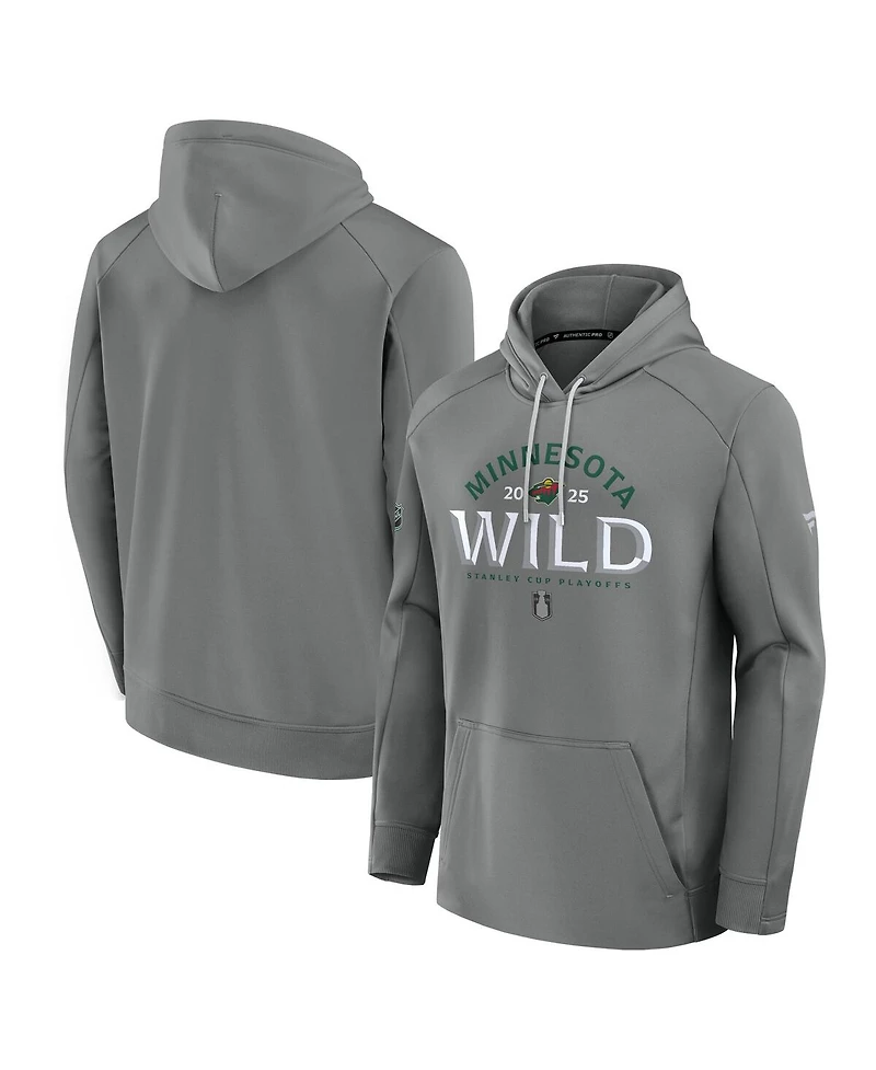 Fanatics Men's Gray Minnesota Wild 2025 Stanley Cup Playoffs Authentic Pro Rink Fly Fleece Pullover Hoodie