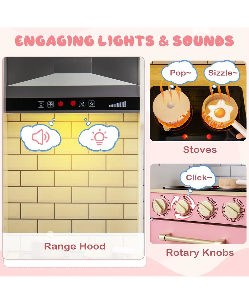 Wooden Pretend Play Kitchen with Ice Maker Range Hood and Blackboard