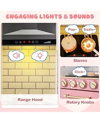 Wooden Pretend Play Kitchen with Ice Maker Range Hood and Blackboard