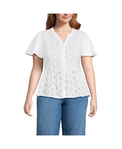 Lands' End Women's Plus Short Sleeve Mixed Media Eyelet Top