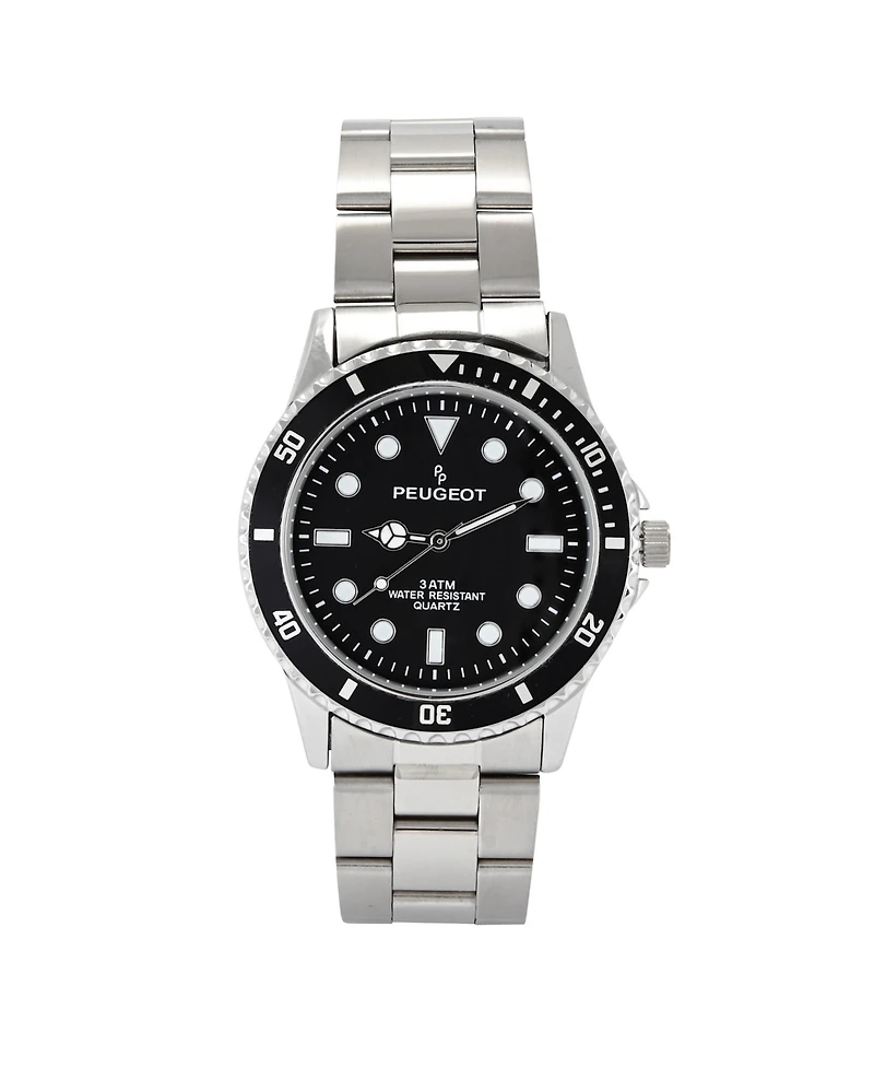 Peugeot Men's 40mm Black Dial Sport Bezel Stainless Steel Bracelet Watch