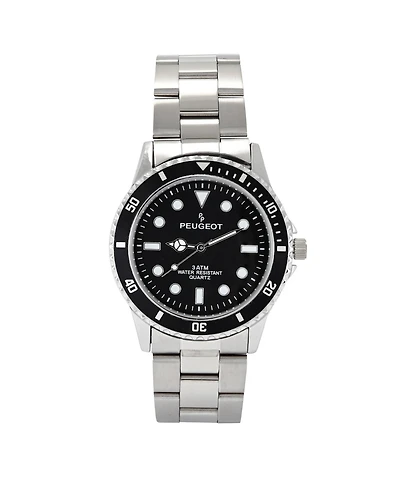Peugeot Men's 40mm Black Dial Sport Bezel Stainless Steel Bracelet Watch