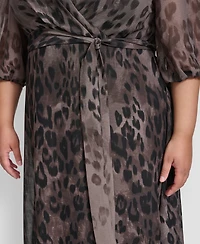 Dkny Plus Ombre Printed Balloon-Sleeve Faux-Wrap Dress