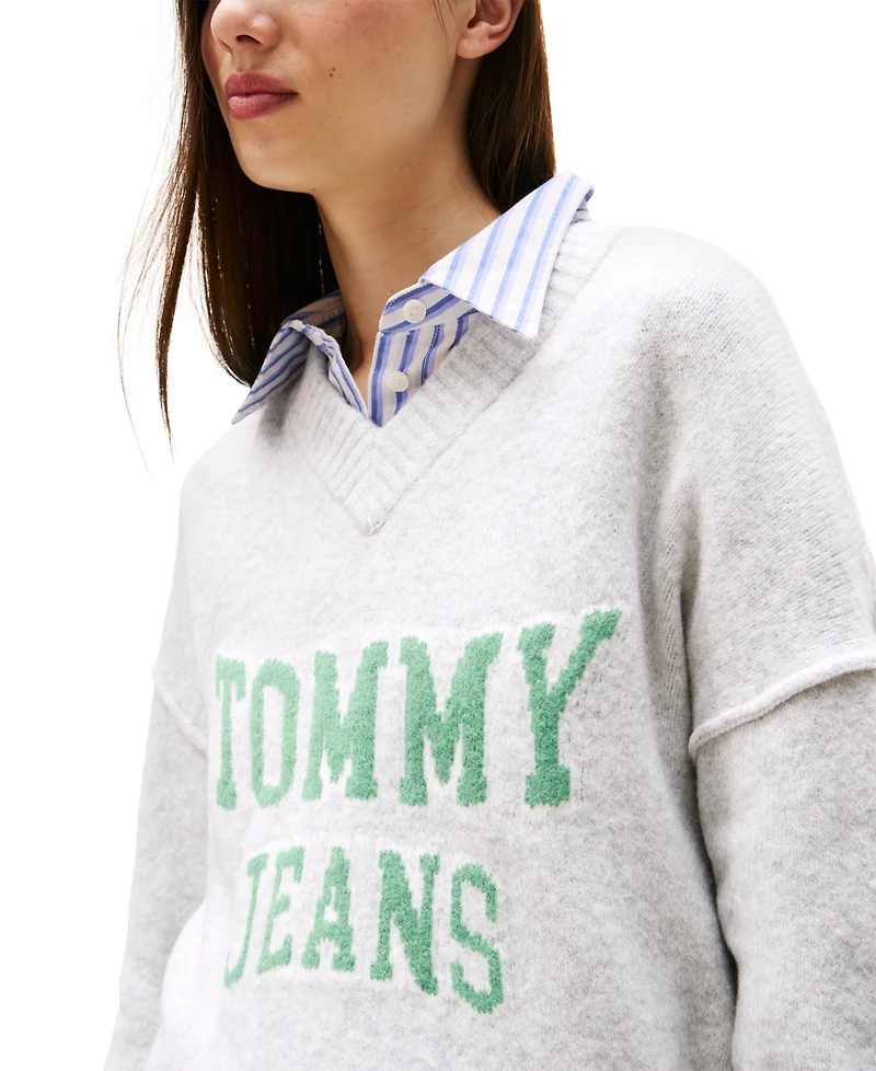 Tommy Jeans Women's Varsity V-Neck Long-Sleeve Logo Sweater