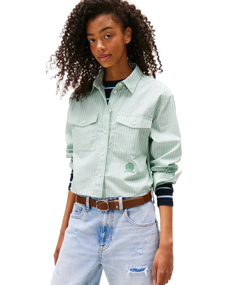 Tommy Jeans Women's Cotton Crop Button-Front Crest Shirt