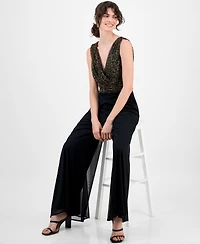Connected Women's Leopard Print Bodice Chiffon Jumpsuit