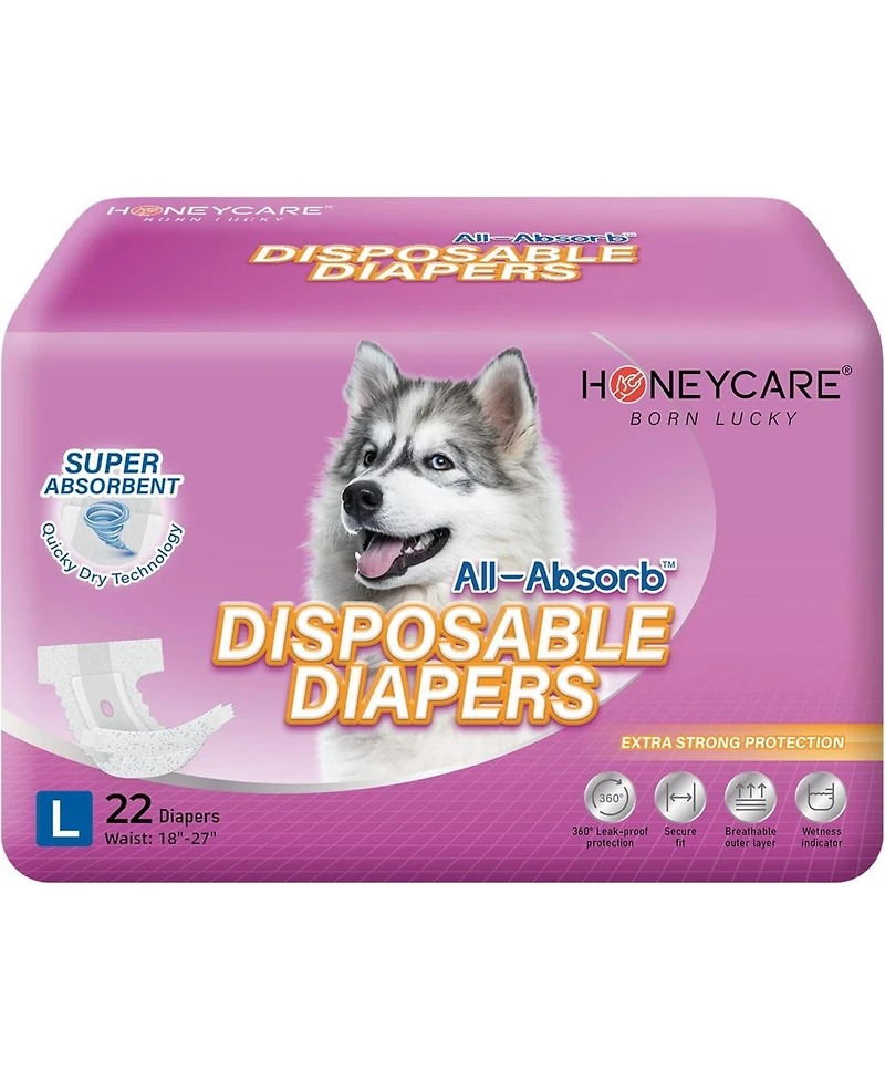 HoneyCare All-Absorb Disposable Female Dog Diapers, Super Absorbent, Breathable, Wetness Indicator, Medium, 15-23 inches, 44ct