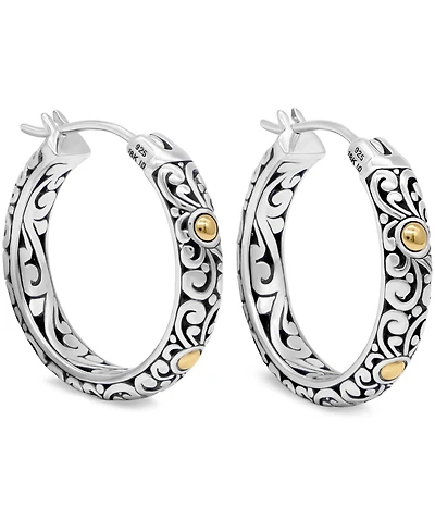 Devata 25mm Bali Filgree Hoop Earrings in Sterling Silver and 18K Gold Accents