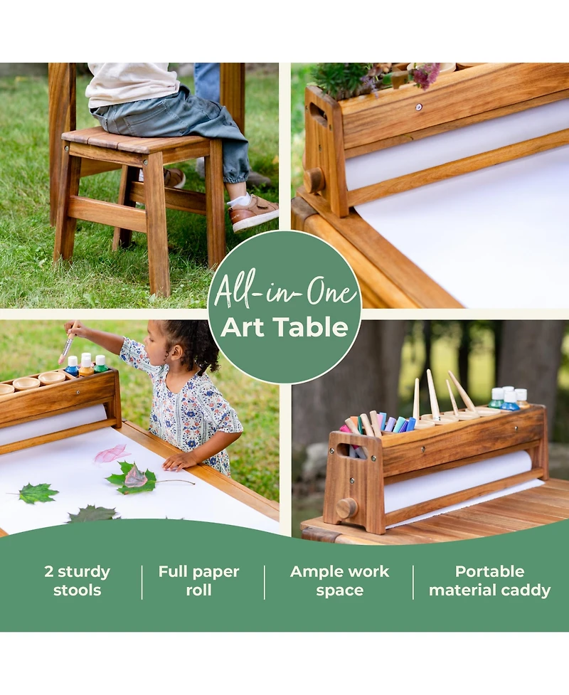 Guidecraft Acadia Outdoor Art Table and Stool Set: Acacia Wood Arts & Crafts Table w/ Storage Paper Roll & Paint Cups Multi Purpose Kids Picnic Table