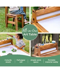 Guidecraft Acadia Outdoor Art Table and Stool Set: Acacia Wood Arts & Crafts Table w/ Storage Paper Roll & Paint Cups Multi Purpose Kids Picnic Table