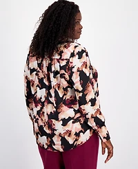 Anne Klein Plus Printed V-Neck Pleat-Front Blouse