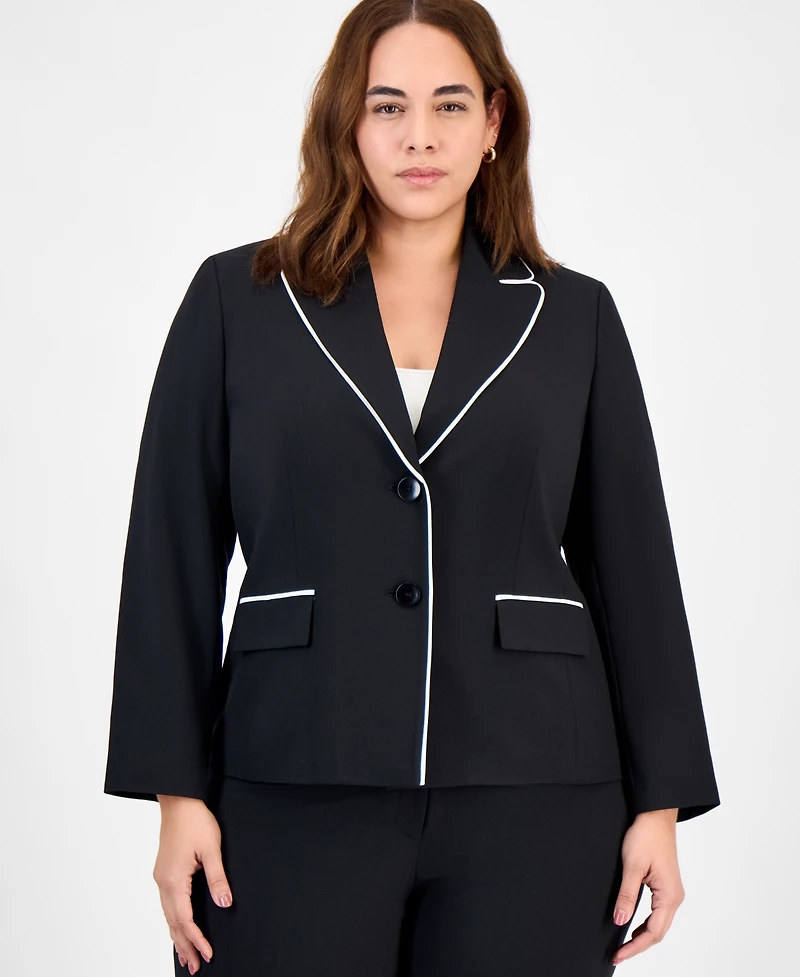 Le Suit Plus Piping-Trim Peak-Lapel Pantsuit Set
