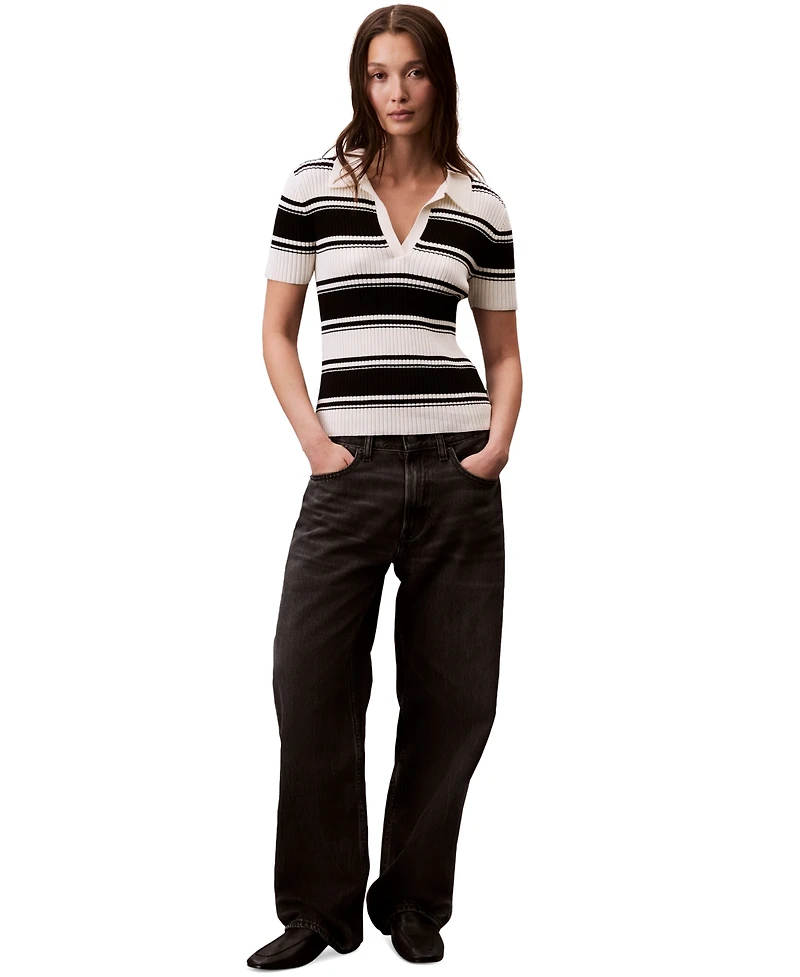Calvin Klein Jeans Women's Cotton Polo Striped Short-Sleeve Sweater