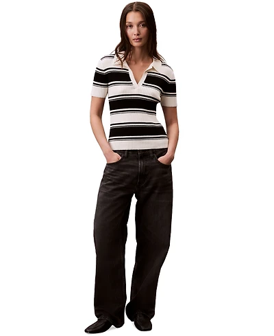 Calvin Klein Jeans Women's Cotton Polo Striped Short-Sleeve Sweater