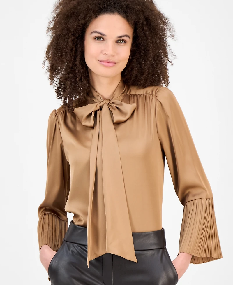 Anne Klein Women's Pleated-Cuff Bow-Neck Blouse