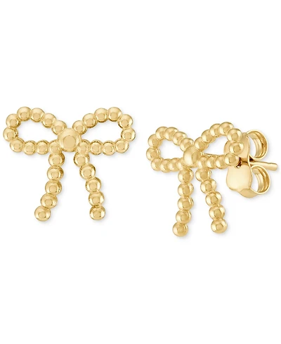 Polished Beaded Bow Stud Earrings in 10k Gold