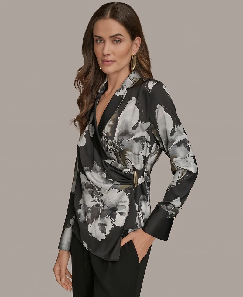 Donna Karan New York Women's Long-Sleeve Printed Shawl-Collar Blouse