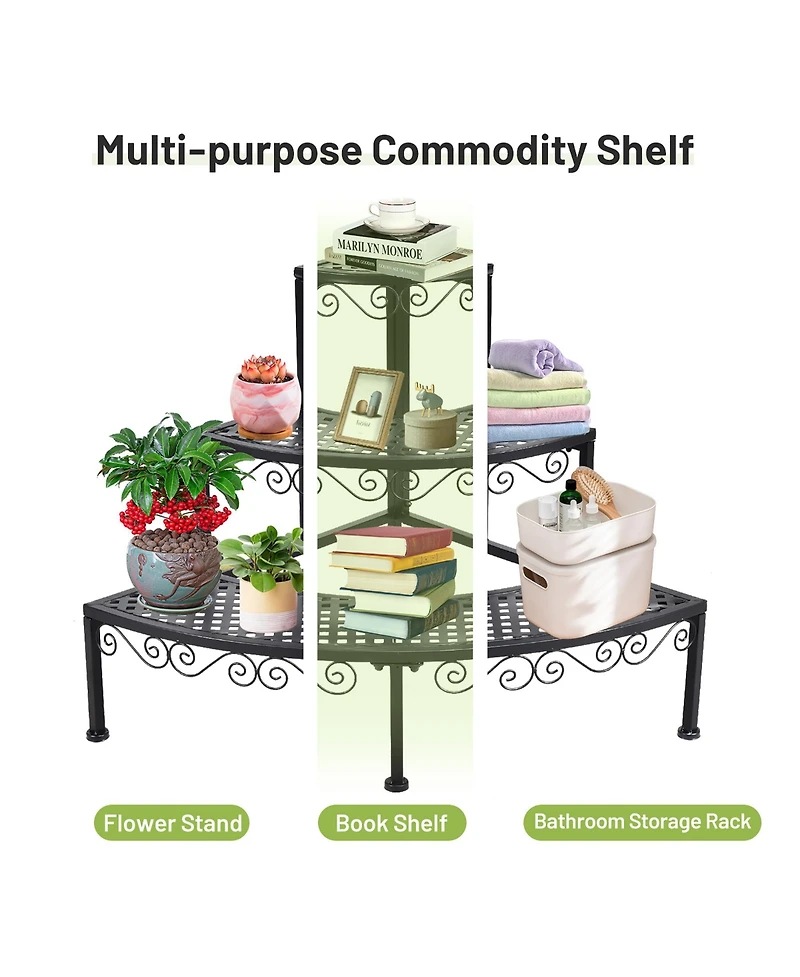 Fan-shaped 3-tier Pot Plant Stand, Stair-step Design to Accommodate More Greenery