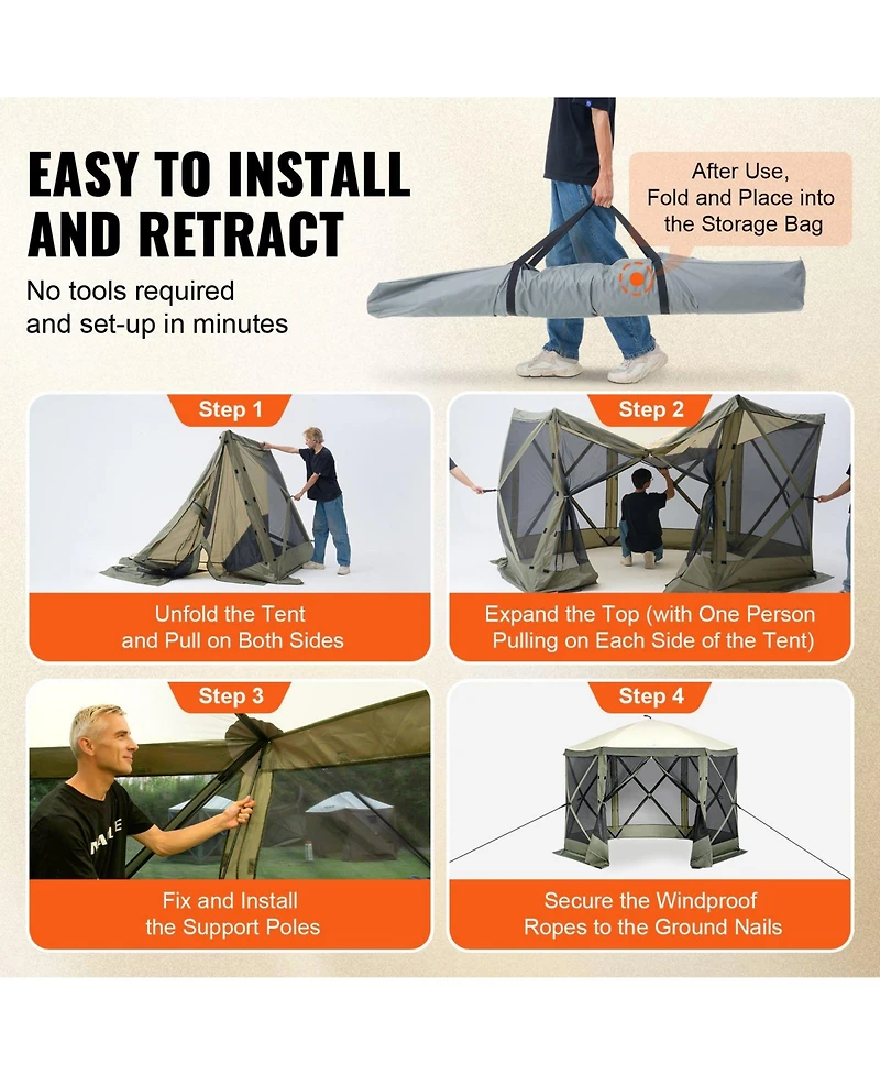 Quick Set Pop Up Screen Tent 6 Sided Canopy with Privacy Cloths and Mesh Windows