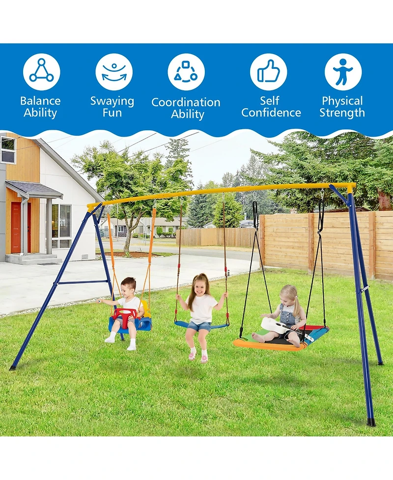 Gymax 3-in-1 Kids Swing Set 660 Lbs Carbon Steel Swing Frame w/ Belt Swing for Toddlers