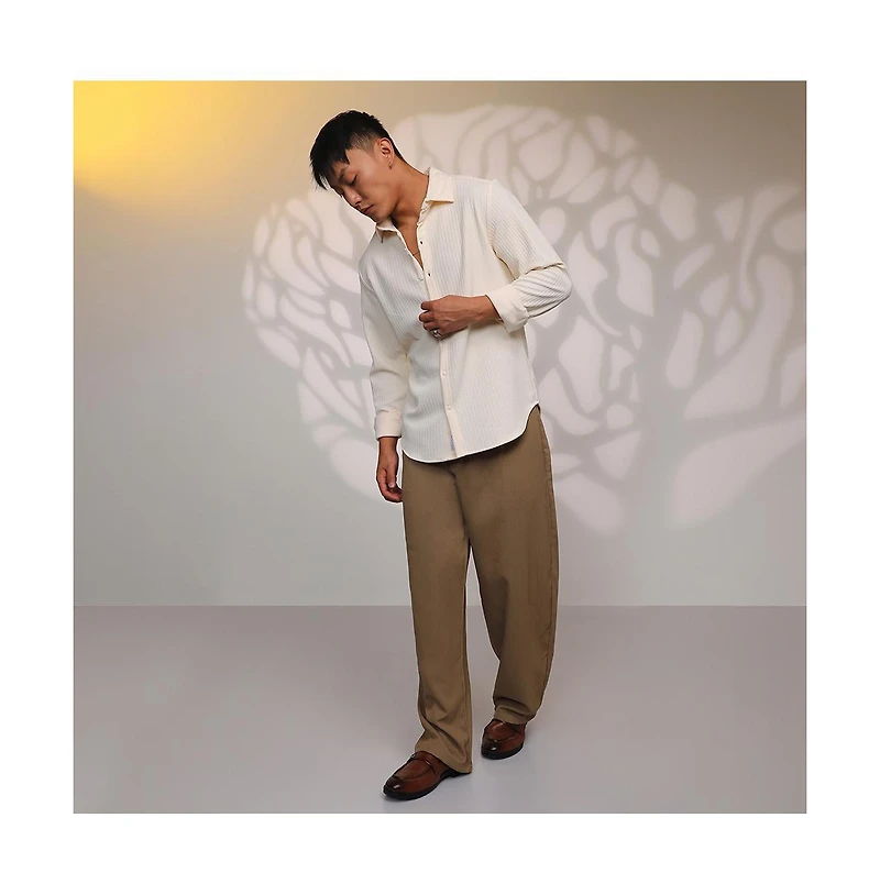 Campus Sutra Men's Pale Yellow Stripe-Creased Shirt