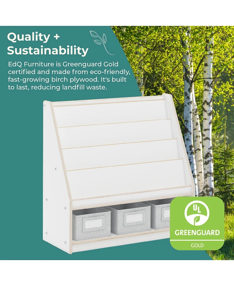 Guidecraft EdQ Book and Bin Display - White: Children's Wooden Bookcase with Shelves and Storage Bins for Kids' Books and Toys