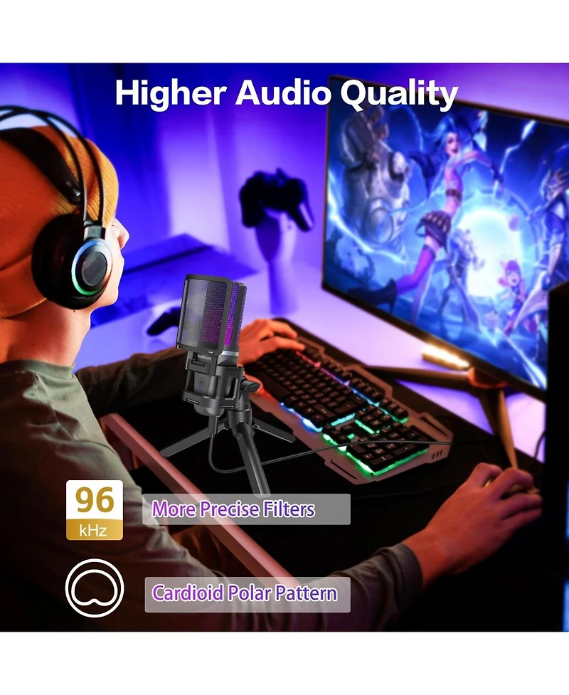 ZealSound Gaming Usb Microphone for Pc,Rgb Condenser Computer Mic w/ Tripod Stand,Gain Control for Gaming,Streaming,Podcasting,Asmr,Cardioid Mic Kit