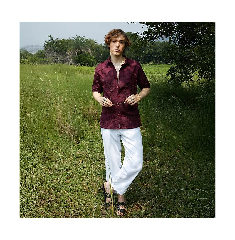 Campus Sutra Men's Wine Red Foliage-Tactile Shirt