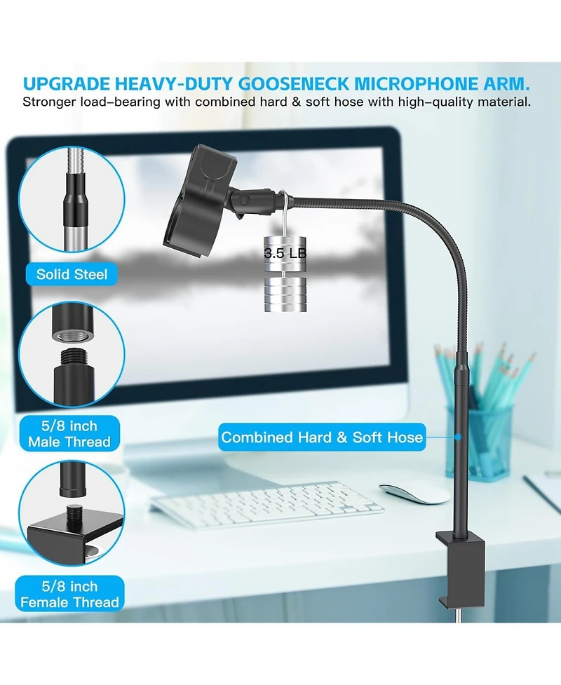 ZealSound 19-inch Microphone Stand, Flexible Gooseneck Clip Holder for Mics with 1.03"–2.59" Outer Diameter, 3/8"–5/8" Adapter, for Blue Yeti