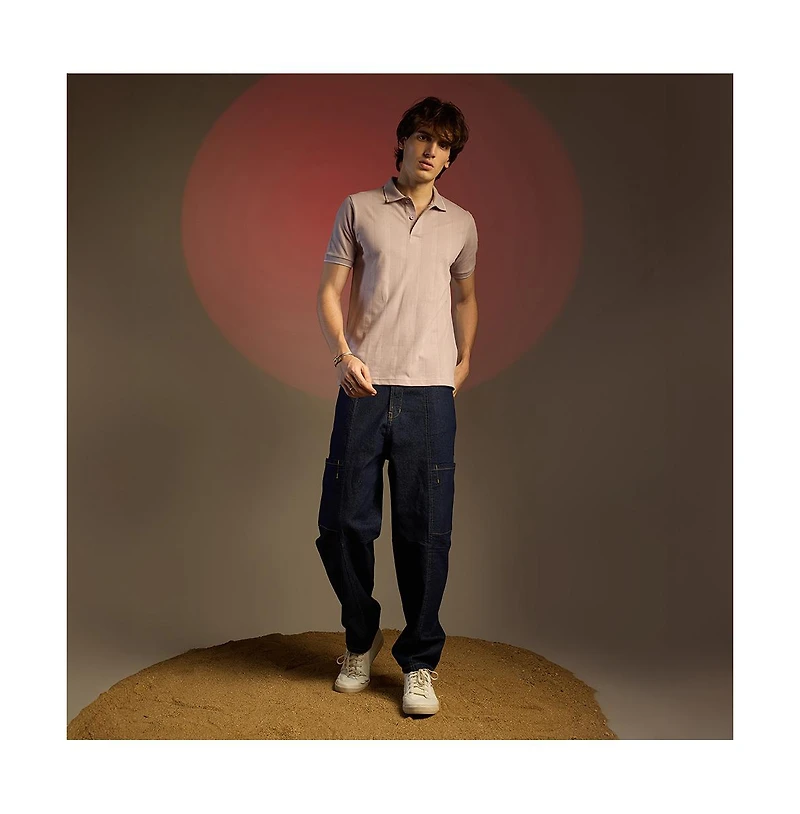 Campus Sutra Men's Blush Pink Lined-Knit Polo T-Shirt